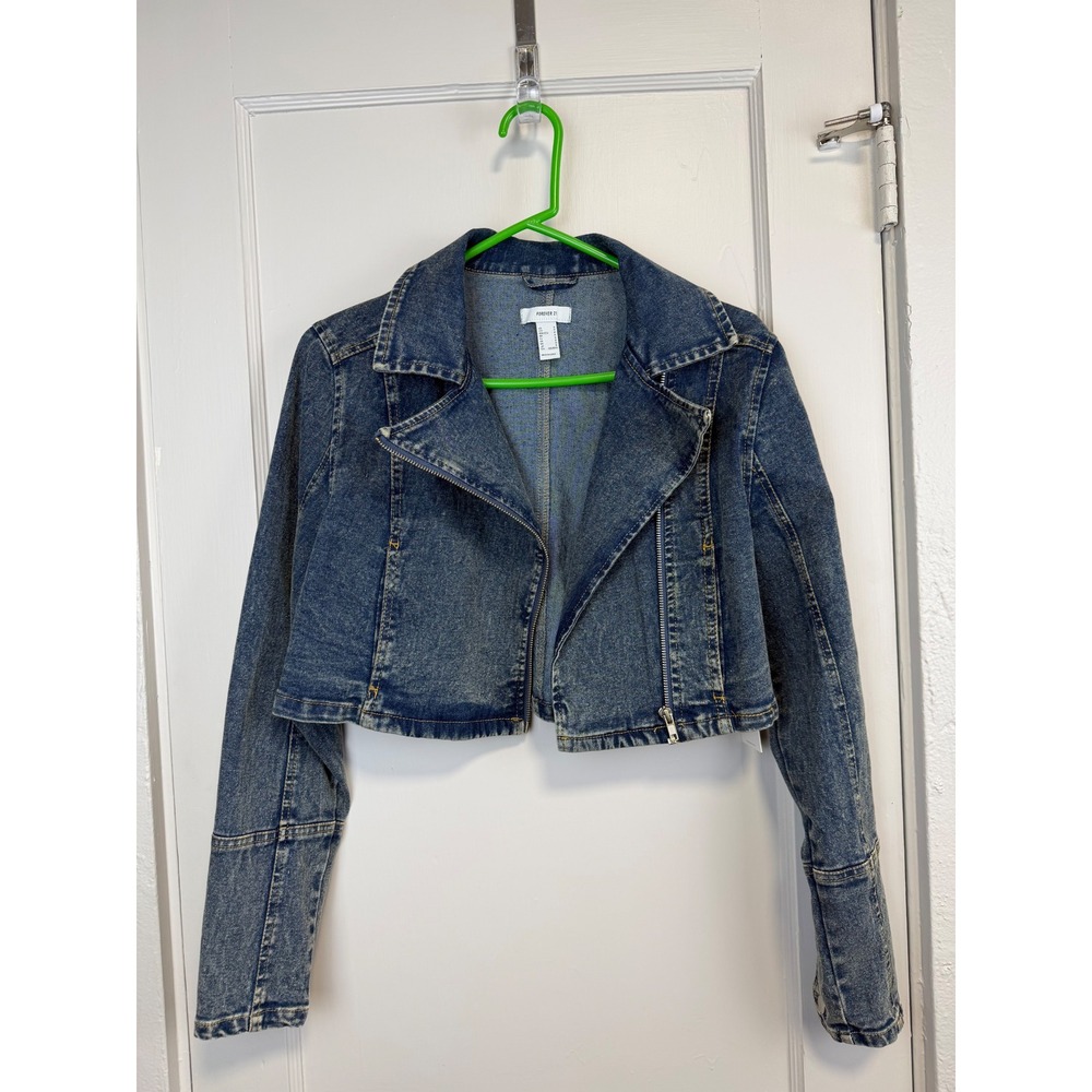 Forever 21 Womens Blue Cropped Moto Denim Jacket Size S NWT